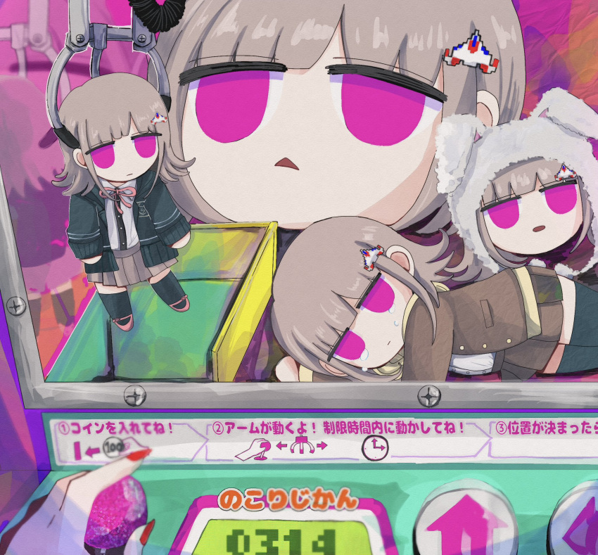 1girl animal_hood black_jacket black_thighhighs brown_hair brown_jacket brown_skirt character_doll closed_mouth crane_game danganronpa:_trigger_happy_havoc danganronpa_(series) danganronpa_2:_goodbye_despair danganronpa_3_(anime) enoshima_junko famima_de_neppuri galaga hair_ornament highres hood hope's_peak_academy_school_uniform jacket medium_hair miniskirt nanami_chiaki neck_ribbon open_clothes open_jacket open_mouth pink_eyes pink_footwear pleated_skirt pov rabbit_hood red_nails ribbon school_uniform shoes skirt tears thigh-highs translation_request triangle_mouth