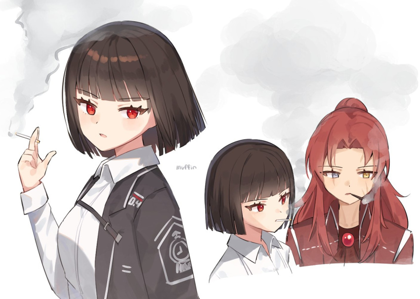 2girls ascot black_coat blunt_bangs breasts cigarette coat collared_shirt gebura_(project_moon) grey_eyes heterochromia large_breasts library_of_ruina limbus_company long_hair long_sleeves love_mintchoco multiple_girls parted_bangs project_moon red_ascot red_coat red_eyes redhead ryoshu_(limbus_company) shirt short_hair sidelocks simple_background smoking very_long_hair white_background white_shirt wing_collar yellow_eyes