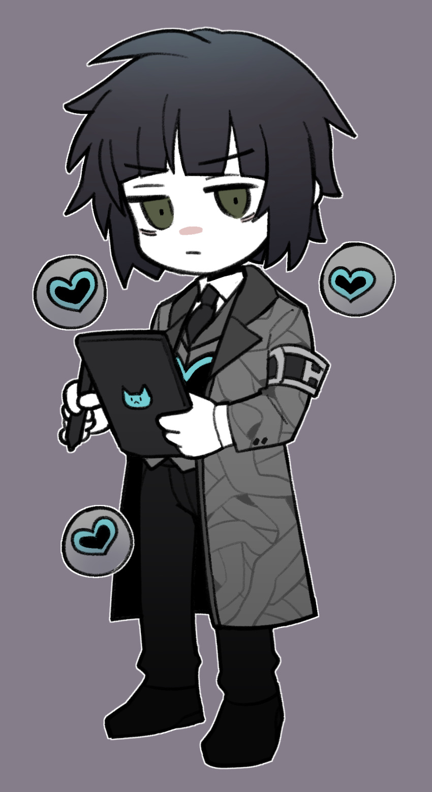 1boy black_footwear black_hair black_pants chinese_commentary clipboard closed_mouth coat collared_shirt colored_skin commentary_request e.g.o_(project_moon) employee_(lobotomy_corporation) full_body green_eyes grey_coat grey_vest highres holding holding_clipboard holding_pen lobotomy_corporation long_sleeves male_focus open_clothes open_coat outline pants pen project_moon purple_background shirt short_hair simple_background smoke_(killscreen_s) solo vest white_outline white_shirt white_skin