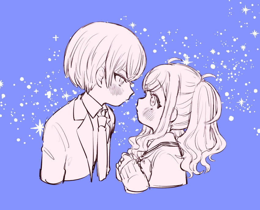 1boy 1girl aoyagi_touya blazer blue_background blush cardigan chibi collared_shirt commentary cropped_torso double-parted_bangs face-to-face from_side greyscale_with_colored_background hair_between_eyes highres jacket kamiyama_high_school_uniform_(project_sekai) lapels lineart long_hair long_sleeves looking_at_viewer looking_to_the_side miyamasuzaka_girls'_academy_school_uniform neckerchief necktie notched_lapels octagram open_clothes open_collar open_jacket poppu_usagi profile project_sekai sailor_collar school_uniform serafuku shirt short_hair sidelocks simple_background sketch sparkle striped tenma_saki twintails upper_body wavy_hair