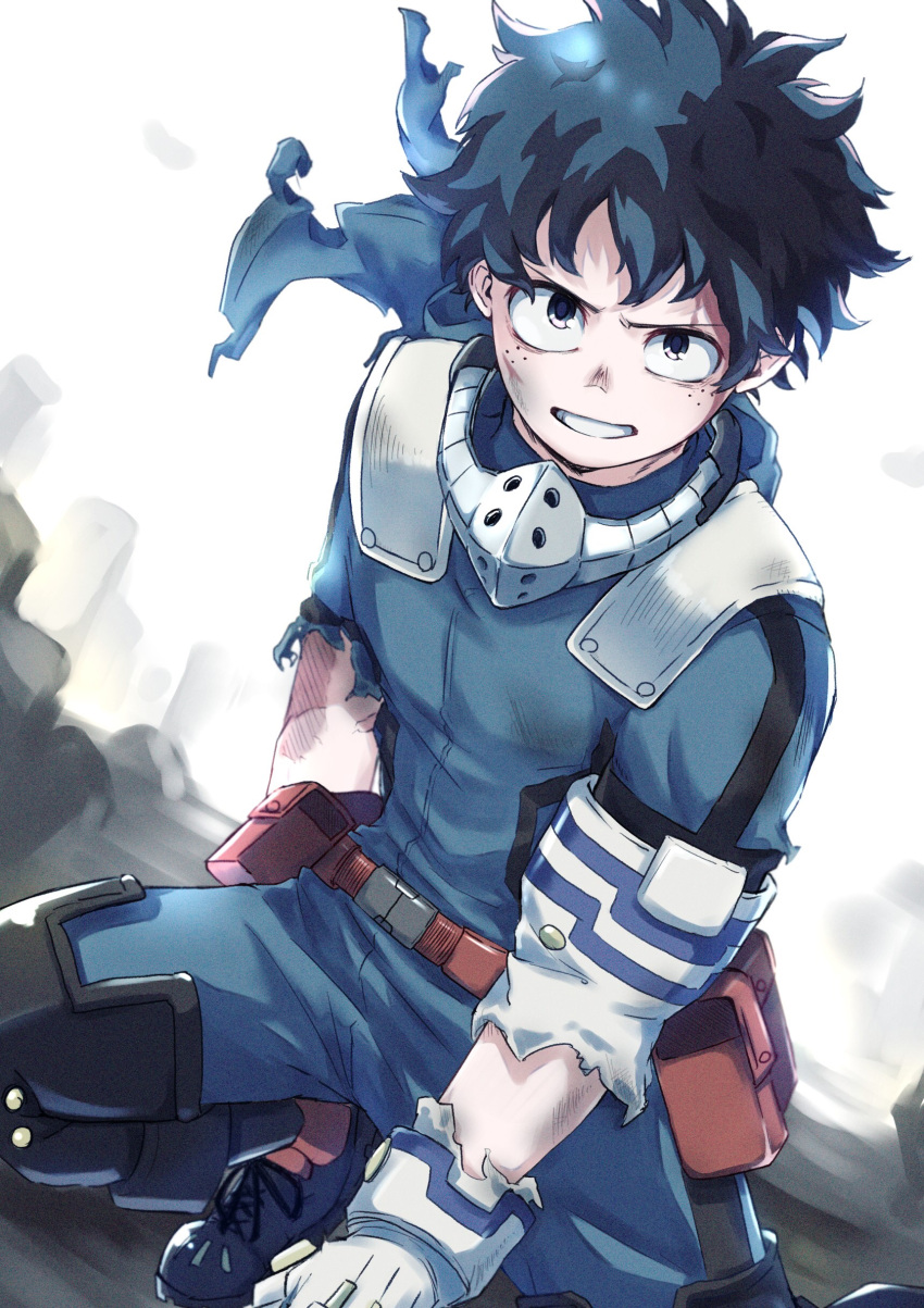 1boy absurdres belt belt_pouch bodysuit boku_no_hero_academia bruise dark_green_hair freckles gloves green_bodysuit highres injury knee_up looking_at_viewer male_focus mask mask_removed midoriya_izuku parted_lips pouch r1014-chopper shoes sky sneakers solo teeth torn_clothes white_gloves white_sky