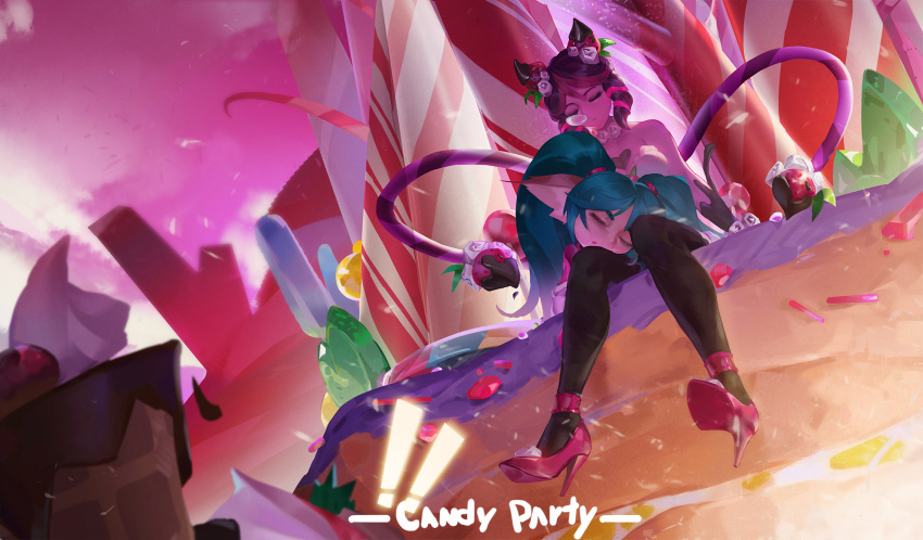 ! !! 2girls bare_shoulders black_hair brown_pantyhose candy closed_eyes closed_mouth evelynn_(league_of_legends) facing_down food green_hair high_heels highres horns l+_(colour0816) lollipoppy multiple_girls on_lap pantyhose pointy_ears poppy_(league_of_legends) redhead shoes short_hair sleeping sugar_rush_evelynn tentacles twintails yordle