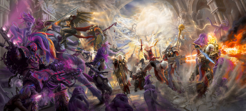 3boys 6+girls absurdres adepta_sororitas alex_cristi armor battle bolt_pistol bolter breasts cathedral chaos_(warhammer) chaos_space_marine crawling daemonette daemonhost demon_horns demon_tail earrings electric_guitar emperor's_children european_architecture extra_arms fire flamer flamethrower guitar highres holding holding_weapon horns imperium_of_man instrument jewelry kneeling light_purple_hair long_hair mace mechanical_arms mechanical_wings medium_hair multicolored_hair multiple_boys multiple_girls noise_marines ornate_armor ornate_weapon pauldrons pillar power_armor power_sword purple_armor purple_hair shoulder_armor spiked_mace spikes statue tail warhammer_40k weapon white_hair wings