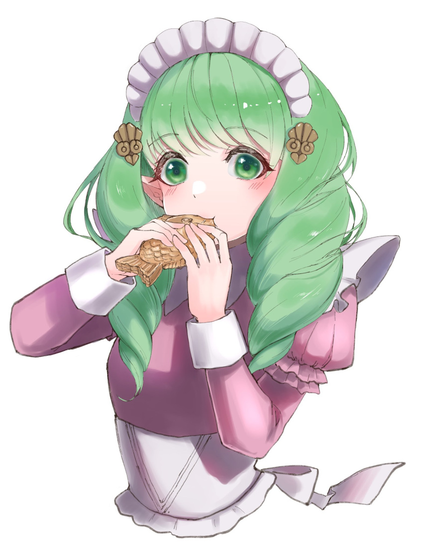 1girl alternate_costume drill_hair eating fire_emblem fire_emblem:_three_houses flayn_(fire_emblem) food hair_ornament hairclip highres holding holding_food maid miran_(olivine_20) pointy_ears solo swept_bangs taiyaki twin_drills wagashi