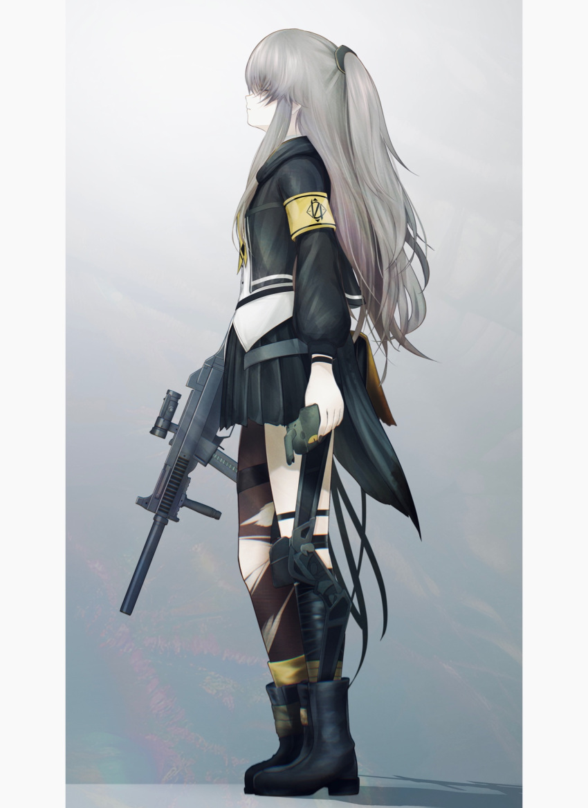 1girl armband black_footwear black_jacket black_nails black_skirt boots brown_pantyhose closed_eyes closed_mouth commentary from_side full_body girls_frontline grey_hair guchagucha gun h&amp;k_ump highres holding holding_gun holding_weapon jacket long_hair long_sleeves nail_polish name_connection object_namesake one_side_up open_clothes open_jacket pantyhose pleated_skirt profile puffy_long_sleeves puffy_sleeves scar scar_across_eye shirt single_leg_pantyhose skirt solo standing submachine_gun torn_clothes torn_pantyhose ump45_(girls'_frontline) very_long_hair weapon white_shirt