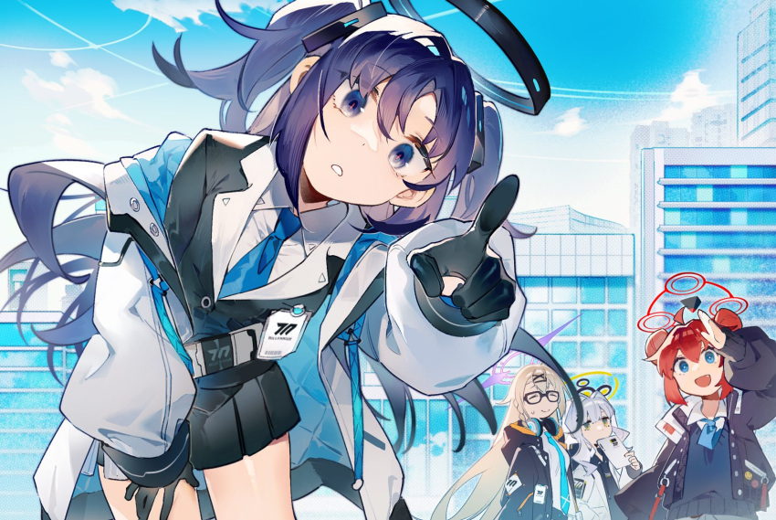 4girls black_gloves black_jacket blue_archive blue_eyes blue_necktie building closed_eyes clouds day double_bun fang glasses gloves grey_hair hair_bun hair_ornament hairclip halo hare_(blue_archive) highres holding jacket kotama_(blue_archive) long_hair long_sleeves maki_(blue_archive) multiple_girls necktie open_mouth outdoors pleated_skirt pointing pointing_at_viewer purple_hair redhead shirt short_hair skirt sky smile sweater_vest two_side_up white_jacket white_shirt x_hair_ornament yuhong yuuka_(blue_archive)