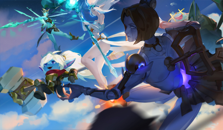 1boy 4girls ass bare_shoulders barefoot blonde_hair blue_sky closed_mouth clouds colored_skin day dress from_side green_skin hammer holding holding_hammer holding_polearm holding_staff holding_weapon huge_weapon janna_(league_of_legends) kalista l+_(colour0816) league_of_legends long_hair multiple_girls orianna_(league_of_legends) outdoors polearm ponytail poppy_(league_of_legends) robot rumble_(league_of_legends) short_hair sky smile staff tiara twintails weapon white_dress white_hair yordle