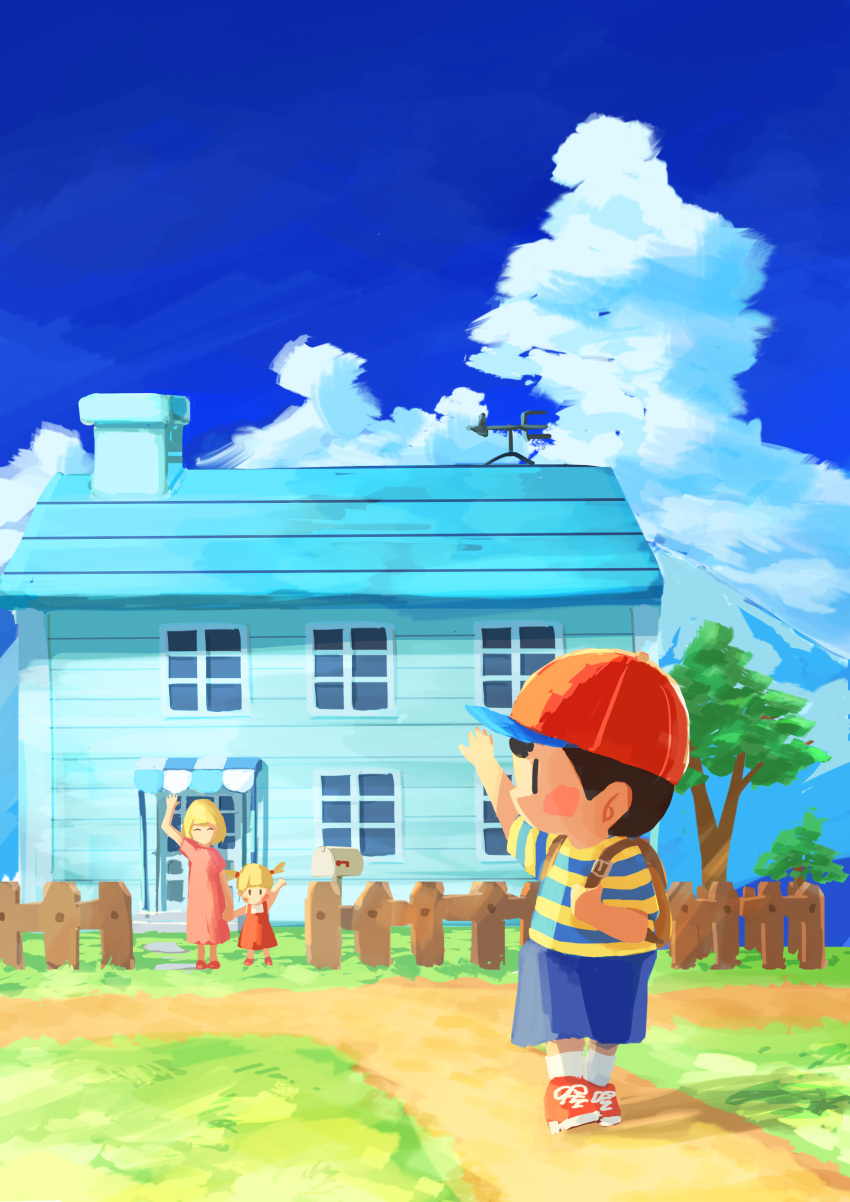 1boy 2girls absurdres backpack bag black_hair blue_shorts blush_stickers brown_bag chimney closed_eyes clouds dress fence grass highres house mailbox_(incoming_mail) miroku_(mirokusan36) mother_(game) mother_2 multiple_girls ness's_mother ness_(mother_2) outdoors path pinafore_dress pink_dress red_footwear shirt shorts sleeveless sleeveless_dress socks solid_oval_eyes striped striped_shirt tracy_(mother_2) tree waving white_socks