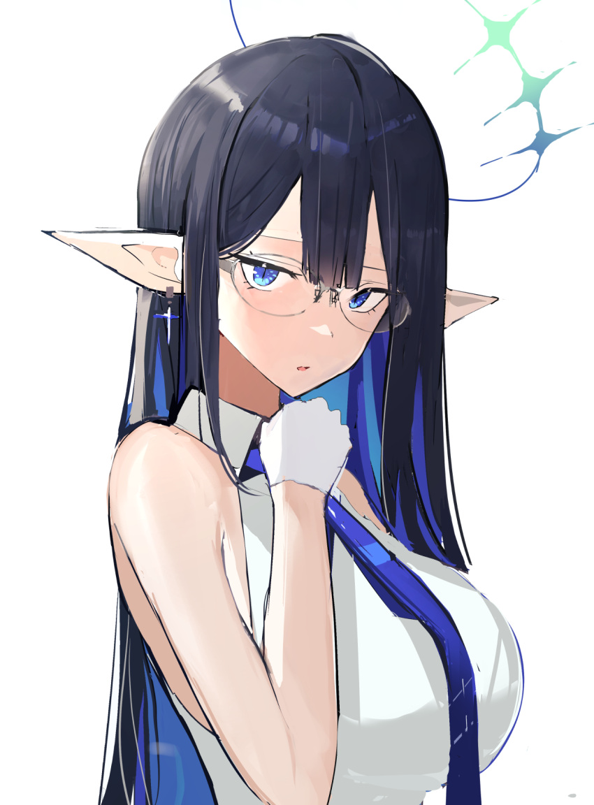 1girl bare_shoulders black_hair blue_archive blue_hair blue_necktie breasts earrings glasses gloves hair_between_eyes halo highres jewelry large_breasts multicolored_hair necktie open_mouth pointy_ears rin_(blue_archive) shirt simple_background sleeveless sleeveless_shirt solo solokitsune white_background white_gloves