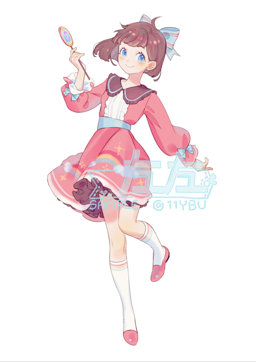 1girl absurdres ahoge blue_bow blue_eyes bow brown_hair candy center_frills dress food frills full_body hair_bow hand_up hidari_(nanmu-left) highres holding holding_food lollipop long_sleeves original pink_dress pink_footwear puffy_long_sleeves puffy_sleeves short_hair smile socks solo standing standing_on_one_leg swirl_lollipop watermark white_background white_socks