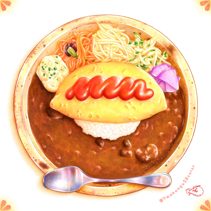 7makoogu28color artist_name color_ink_(medium) curry curry_rice food highres ketchup noodles omelet omurice onion original painting_(medium) plate rice simple_background spoon traditional_media watercolor_(medium) white_background