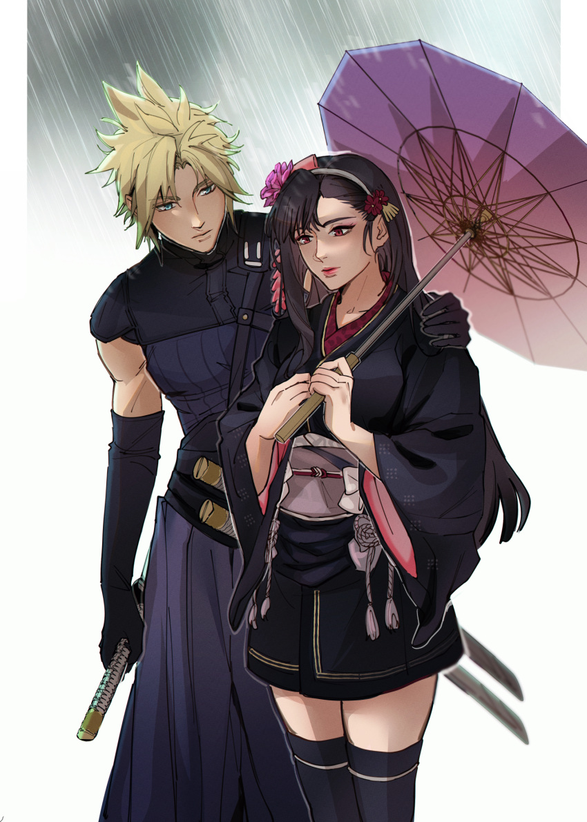 1boy 1girl black_gloves black_hair black_kimono black_thighhighs blonde_hair blue_eyes closed_mouth cloud_strife commentary cowboy_shot elbow_gloves english_commentary final_fantasy final_fantasy_vii final_fantasy_vii_ever_crisis final_fantasy_vii_remake flower gloves hair_behind_ear hair_flower hair_ornament hakama hakama_pants hand_on_another's_shoulder highres holding holding_sword holding_umbrella holding_weapon japanese_clothes katana kimono long_hair long_sleeves looking_at_another obi official_alternate_costume oil-paper_umbrella pants pudelmudel rain red_eyes red_flower red_lips samurai sash sheath sheathed short_kimono single_sidelock spiky_hair swept_bangs sword thigh-highs tifa_lockhart tifa_lockhart's_exotic_dress turtleneck umbrella weapon wide_sleeves zettai_ryouiki