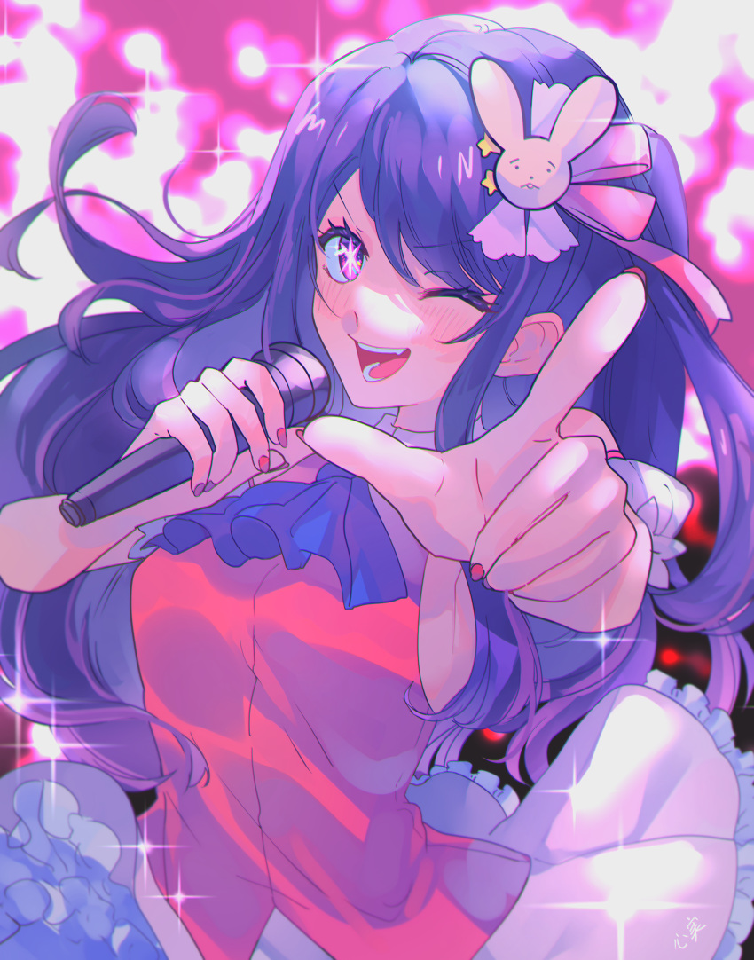 1girl absurdres ascot bare_shoulders blue_ascot blush commentary commission detached_sleeves dress frilled_dress frills hair_ornament highres holding holding_microphone hoshino_ai_(oshi_no_ko) idol idol_clothes kokomi_(aniesuakkaman) long_hair microphone nail_polish one_eye_closed one_side_up open_mouth oshi_no_ko pink_dress pink_nails pink_ribbon pointing pointing_at_viewer purple_hair rabbit_hair_ornament ribbon sleeveless sleeveless_dress smile solo sparkle star-shaped_pupils star_(symbol) star_hair_ornament swept_bangs symbol-shaped_pupils teeth violet_eyes