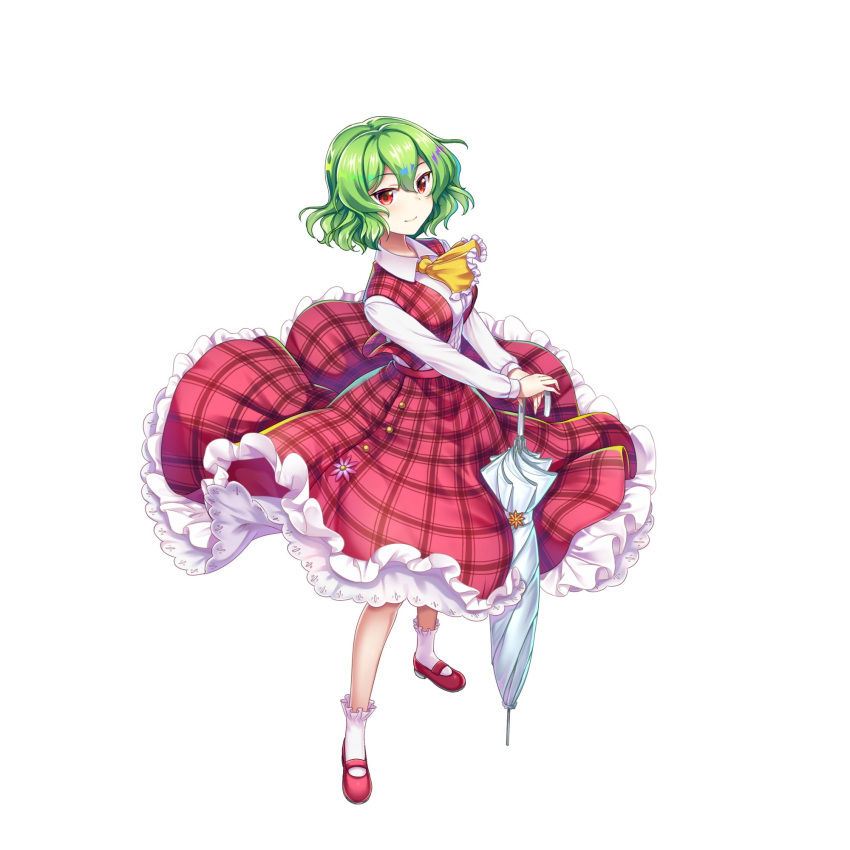 1girl ascot breasts closed_mouth collared_shirt colored_eyelashes frilled_skirt frills full_body game_cg green_hair highres kazami_yuuka looking_at_viewer plaid plaid_skirt plaid_vest red_eyes red_footwear red_skirt red_vest rotte_(1109) shirt short_hair simple_background skirt smile socks solo third-party_source touhou touhou_lost_word umbrella vest white_background white_shirt white_socks white_umbrella yellow_ascot