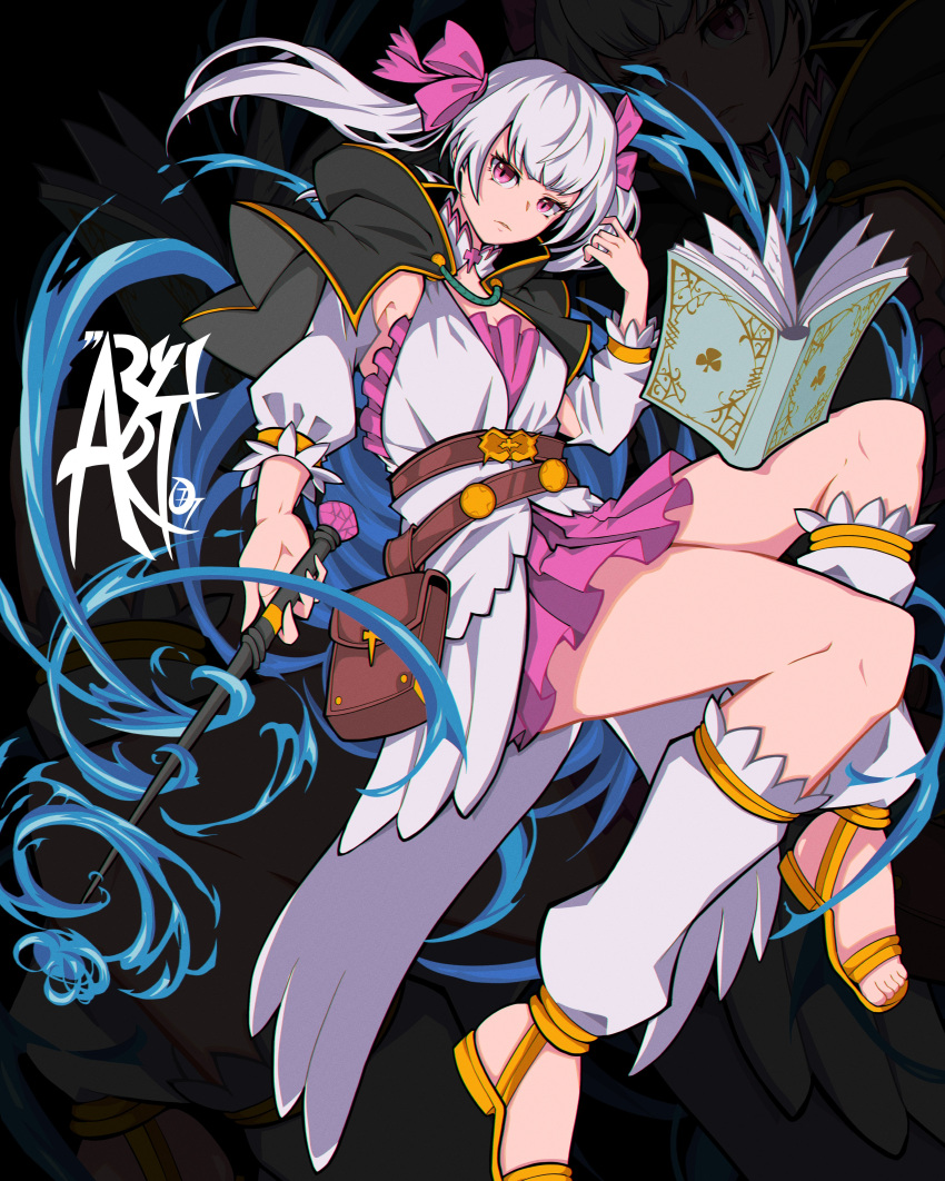 absurdres artist_logo aryi077 black_capelet black_clover book capelet dress grey_hair grimoire hair_ribbon highres holding holding_wand jacket long_hair looking_at_viewer low_twintails magic noelle_silva pink_eyes purple_dress ribbon sandals twintails wand water white_jacket