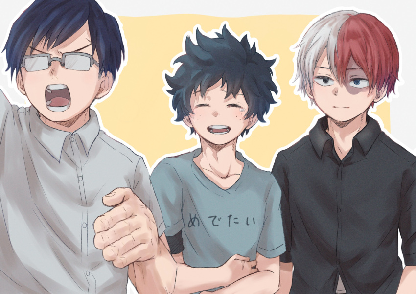 3boys black_shirt blue_hair boku_no_hero_academia burn_scar closed_eyes closed_mouth collared_shirt dark_blue_hair dark_green_hair glasses green_shirt highres iida_tenya laughing male_focus midoriya_izuku multicolored_hair multiple_boys open_mouth outline r1014-chopper redhead scar scar_on_face shirt split-color_hair t-shirt todoroki_shouto two-tone_background two-tone_hair white_hair white_outline white_shirt