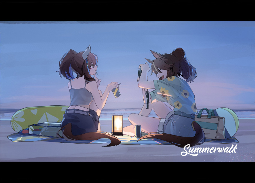 2girls animal_ears bag barefoot beach beach_towel blue_shorts brown_hair camera camisole can closed_eyes closed_mouth daitaku_helios_(umamusume) ear_covers english_text finger_to_own_chin floral_print fuyukayui green_shirt grey_shirt highres holding holding_camera holding_can horizon horse_ears horse_girl horse_tail innertube knee_up lantern letterboxed looking_at_another medium_hair mejiro_palmer_(umamusume) multicolored_hair multiple_girls night ocean open_mouth outdoors ponytail sand shirt shorts sitting smile streaked_hair tail taking_picture towel umamusume water yellow_eyes