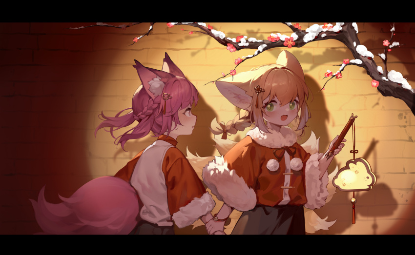 2girls :d absurdres alternate_costume alternate_hairstyle animal_ear_fluff animal_ears arknights black_skirt blush braid branch brick_wall chinese_commentary commentary fang fox_ears fox_girl fox_tail fur-trimmed_sleeves fur_collar fur_trim green_eyes highres holding holding_another's_wrist holding_lantern lantern letterboxed long_hair long_sleeves multiple_girls multiple_tails open_mouth pom_pom_(clothes) purple_hair red_ribbon revision ribbon shamare_(arknights) shio_(7203802) short_hair short_twintails single_braid skin_fang skirt smile spotlight star_(symbol) suzuran_(arknights) tail tail_through_clothes twintails violet_eyes wristband