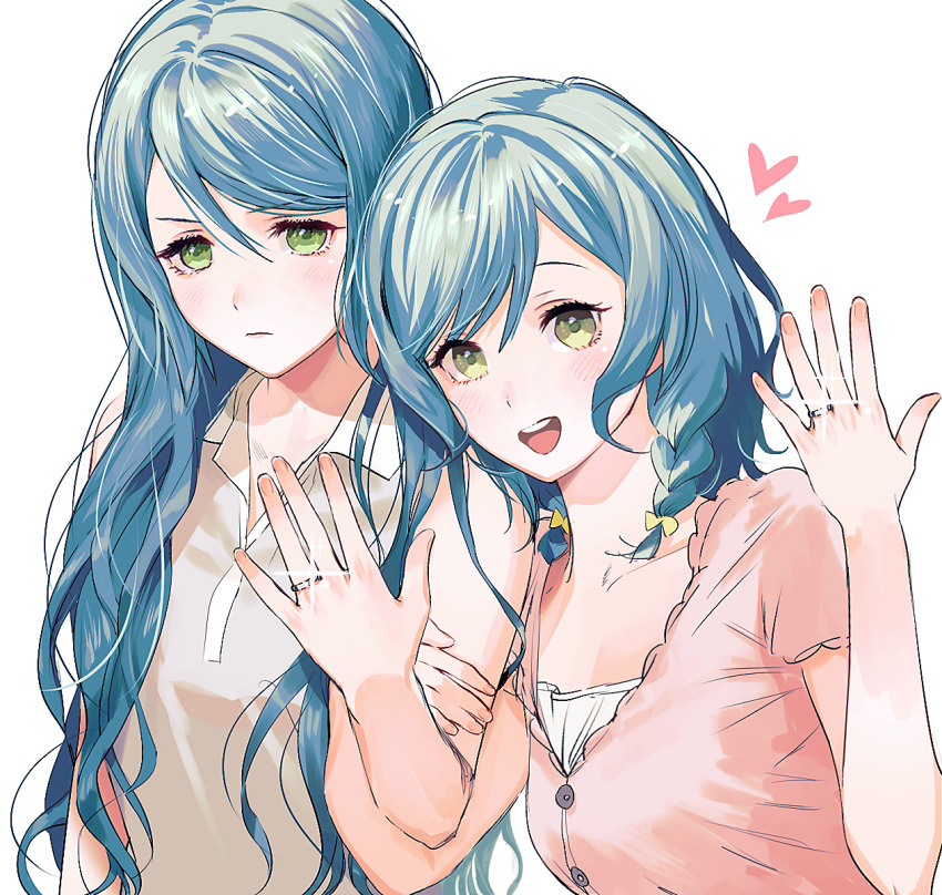 2girls :d aqua_hair arm_grab bang_dream! blush bow braid breasts cardigan closed_mouth collarbone collared_shirt commentary glint green_eyes grey_shirt hair_between_eyes hair_bow hands_up heart highres hikawa_hina hikawa_sayo incest jewelry long_hair looking_at_viewer medium_breasts medium_hair multiple_girls open_mouth parted_bangs pink_cardigan ring shirt short_sleeves siblings simple_background sisters sleeveless sleeveless_shirt smile spoken_heart teeth twin_braids twincest twins upper_body upper_teeth_only wedding_ring white_background wife_and_wife yellow_bow yuri zihacheol