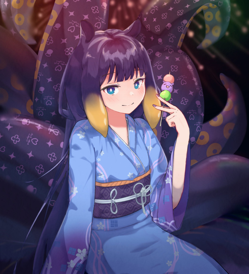 1girl blue_kimono blurry commentary english_commentary floral_print food highres hololive hololive_english japanese_clothes kimono long_hair multicolored_hair ninomae_ina'nis obi orange_hair purple_hair sash sitting smile solo taiyo_sketches takodachi_(ninomae_ina'nis) takoyaki tentacle_hair tentacles two-tone_hair very_long_hair virtual_youtuber wide_sleeves