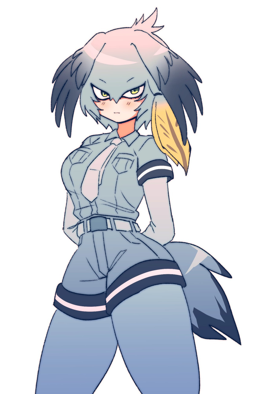 1girl arms_behind_back belt black_hair blush bodysuit breasts closed_mouth collared_shirt commentary english_commentary expressionless green_eyes grey_bodysuit grey_hair grey_shirt hair_between_eyes head_wings highres kemono_friends large_breasts looking_at_viewer lyn_mametchi medium_hair multicolored_hair necktie shirt shoebill_(kemono_friends) short_sleeves shorts sidelocks simple_background solo tail white_background white_belt white_necktie wings