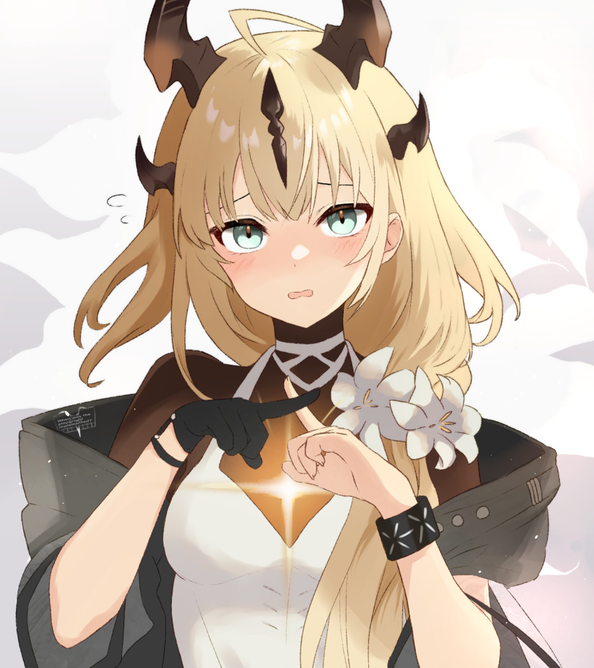 1girl ahoge arknights black_gloves blonde_hair blue_eyes blush dr.lamina dragon_girl dragon_horns dress flower gloves highres horns infection_monitor_(arknights) light_in_heart long_hair looking_at_viewer official_alternate_costume open_mouth pov reed_(arknights) reed_the_flame_shadow_(arknights) single_glove solo upper_body white_dress white_flower x_fingers