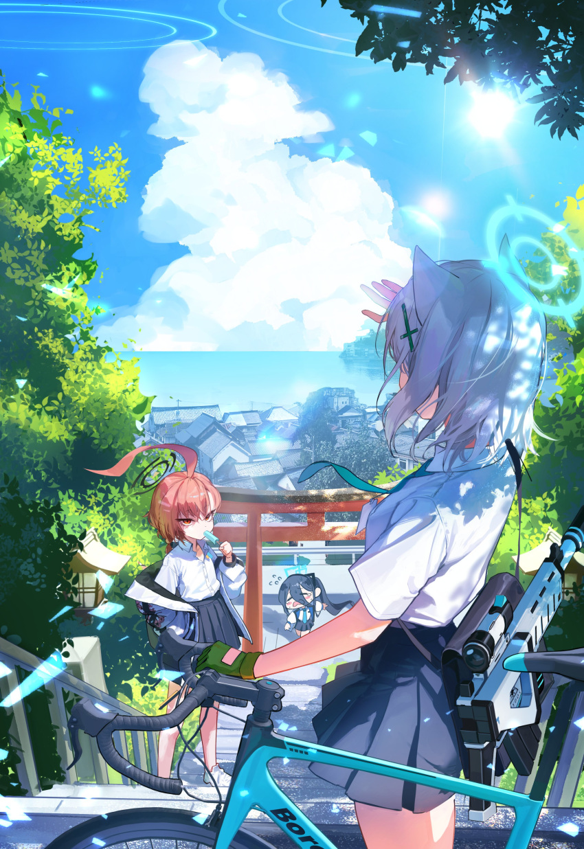 3girls absurdres ahoge animal_ears aris_(blue_archive) assault_rifle bicycle blue_archive blue_sky chibi closed_eyes clouds food food_in_mouth ggoc_ill gun halo highres holding holding_food holding_popsicle jacket multiple_girls necktie neru_(blue_archive) ocean orange_hair popsicle popsicle_in_mouth red_eyes rifle school_uniform shiroko_(blue_archive) sig_556 sky stairs stone_lantern sukajan summer summer_uniform sweat torii town tree weapon wolf_ears wolf_girl
