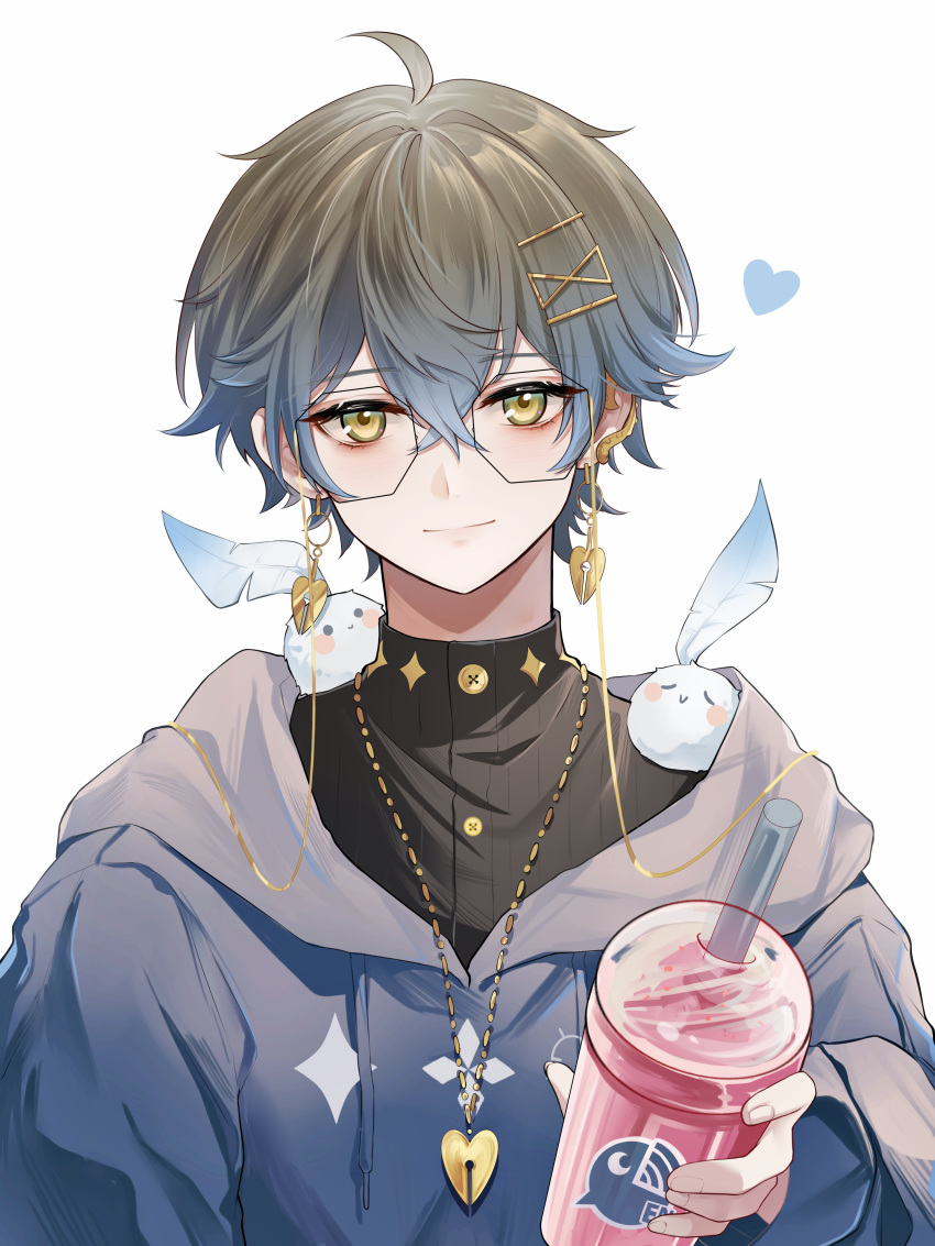 1boy absurdres anqing black_sweater drink drinking_straw earrings glasses grey_hair grey_hoodie heart highres holding holding_drink hood hoodie ike_eveland incoming_drink jewelry looking_at_viewer necklace nijisanji nijisanji_en short_hair smile solo sweater upper_body white_background yellow_eyes