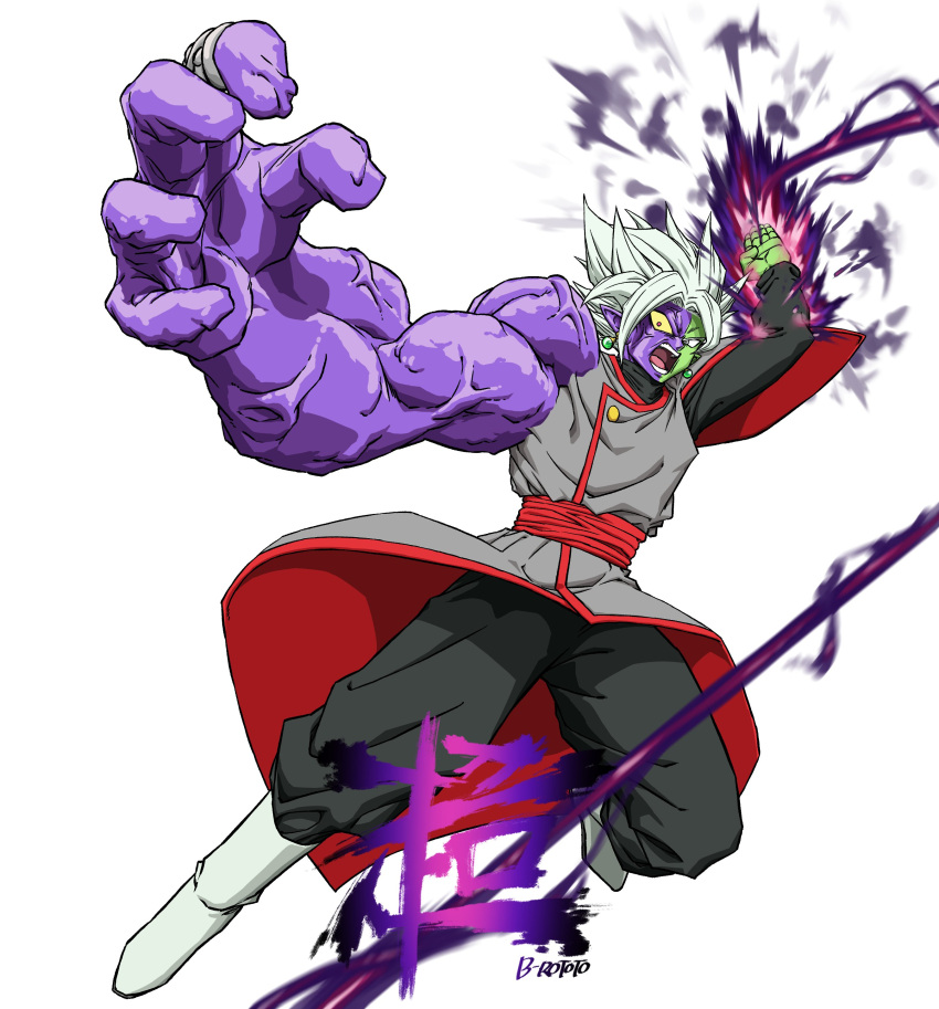 1boy absurdres angry arms_up artist_name baggy_pants bakarott black_pants black_shirt boots buttons colored_sclera colored_skin commentary dougi dragon_ball dragon_ball_super earrings energy english_commentary full_body fused_zamasu green_skin grey_eyes heterochromia highres jewelry long_sleeves male_focus mismatched_sclera multicolored_skin open_mouth oversized_limbs pants parted_bangs pointy_ears potara_earrings purple_skin red_eyes red_sash sash shirt simple_background solo spiky_hair teeth tongue v-shaped_eyebrows veins white_background white_footwear white_hair yellow_sclera