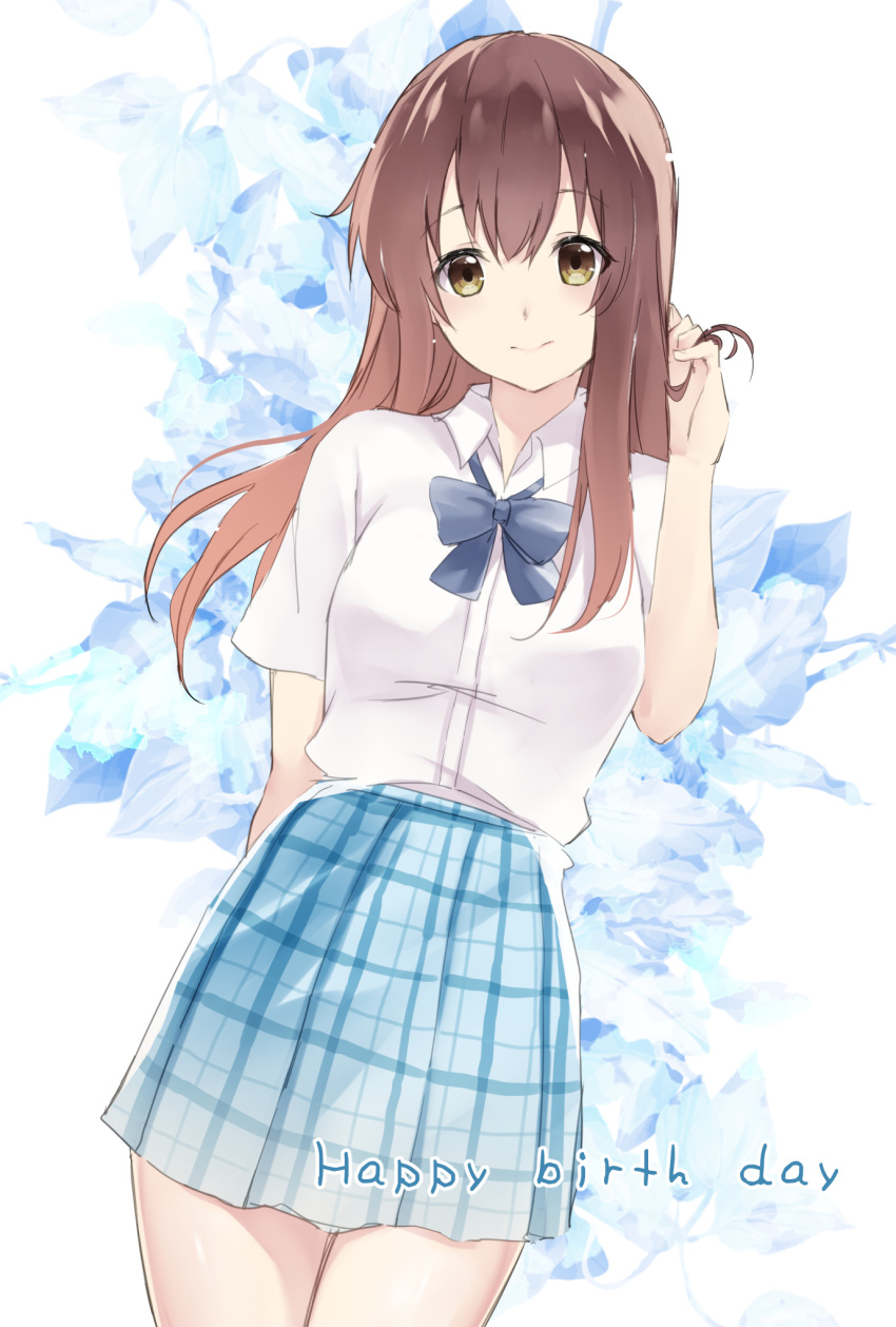 1girl blue_bow blue_bowtie bow bowtie brown_eyes brown_hair closed_mouth collared_shirt cowboy_shot happy_birthday highres koe_no_katachi long_hair looking_at_viewer nishimiya_shouko ririka_(ab-yuri) school_uniform shirt short_sleeves smile solo white_background white_shirt