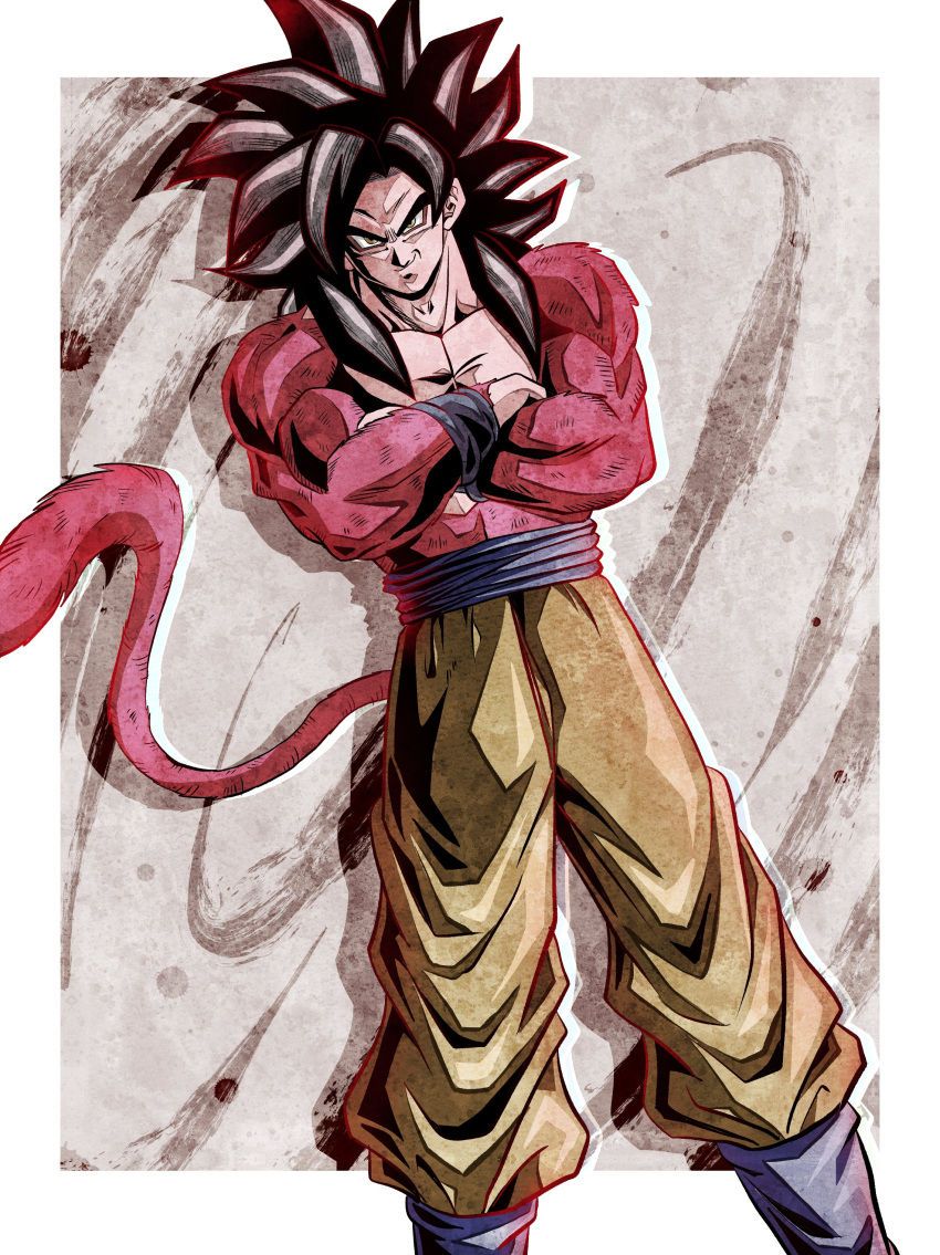 1boy absurdres biceps blue_sash blue_wristband body_fur closed_mouth crossed_arms dragon_ball dragon_ball_gt full_body highres looking_at_viewer male_focus monkey_boy monkey_tail muscular muscular_male pants pectorals red_fur saiyan sash simple_background smirk solo spiky_hair standing super_saiyan super_saiyan_4 tail ushi_(akabec0) wristband