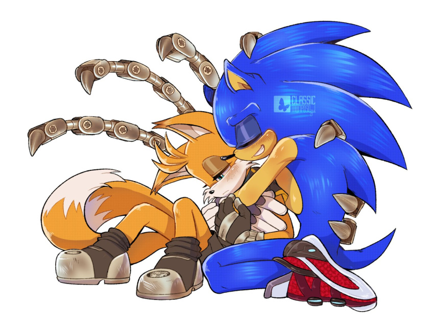 2boys animal_ears animal_nose artificial_tentacles artist_name blue_eyes blush classicmariposa closed_eyes commentary crossed_arms friends frown furry furry_male gloves half-closed_eyes hug hug_from_behind implied_yaoi male_focus md5_mismatch mechanical_arms multiple_boys multiple_tails nine_(sonic) orange_fur red_footwear solo_focus sonic_(series) sonic_prime sonic_the_hedgehog spanish_commentary tail teeth two_tails white_background white_gloves