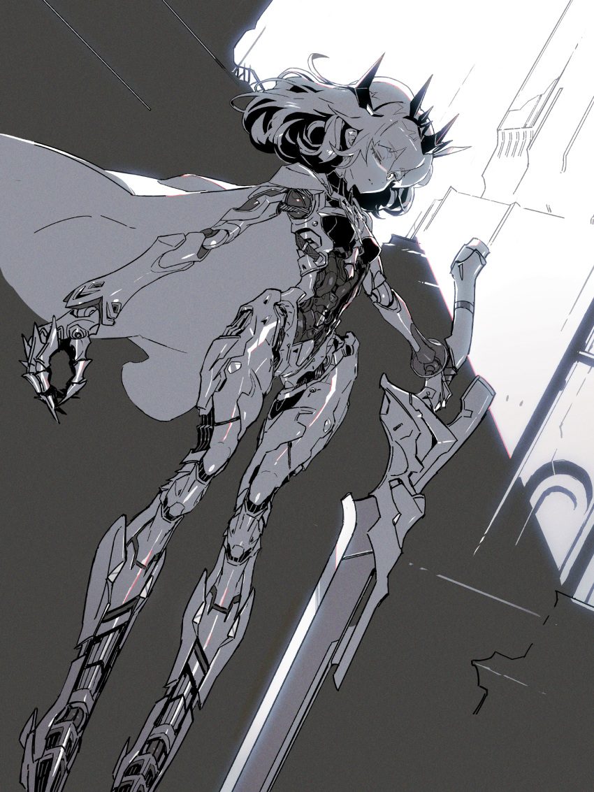 1girl android cape claws floating highres holding holding_sword holding_weapon jnt long_legs mechanical_parts one_eye_closed original sword weapon