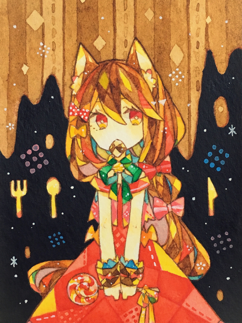 1girl absurdres animal_ear_fluff animal_ears bell black_background bow bright_pupils brown_background brown_hair candy cat_ears commentary_request cookie dress feet_out_of_frame food food_in_mouth fork green_ribbon hair_between_eyes hair_bow highres holding holding_candy holding_food holding_lollipop jingle_bell lollipop long_hair low-tied_long_hair lupin_strawberry mouth_hold neck_ribbon no_nose no_sclera off-shoulder_dress off_shoulder orange_bow orange_eyes original painting_(medium) patterned_clothing pink_bow polka_dot polka_dot_bow red_bow red_dress ribbon solo spoon standing swirl_lollipop table_knife thumbprint_cookie traditional_media v_arms very_long_hair watercolor_(medium)