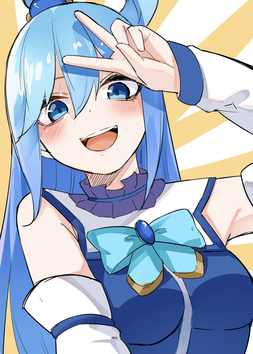 1girl :d aqua_(konosuba) bare_shoulders blue_bow blue_dress blue_eyes blue_hair blush bow breasts commentary detached_sleeves doyagao dress eyebrows_hidden_by_hair hair_between_eyes highres kono_subarashii_sekai_ni_shukufuku_wo! large_breasts long_hair long_sleeves looking_at_viewer mame1645 open_mouth simple_background single_hair_ring smile smug solo straight-on teeth upper_body upper_teeth_only v v_over_head very_long_hair white_sleeves yellow_background