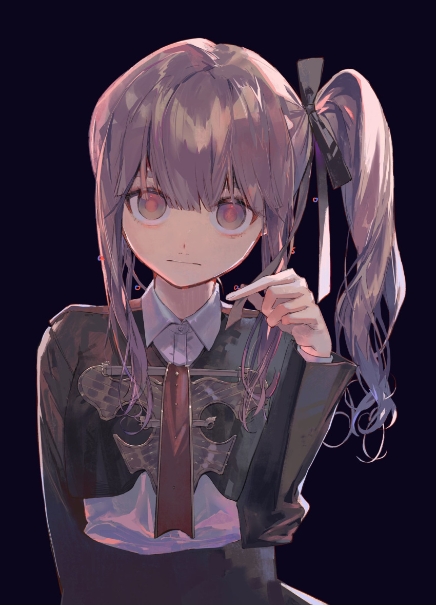1girl aoaso arm_behind_back black_background black_jacket black_ribbon black_skirt black_vest closed_mouth collared_shirt cropped_jacket expressionless grey_eyes hair_ribbon hand_up highres holding holding_ribbon jacket long_sleeves looking_at_viewer original purple_hair red_pupils ribbon shirt side_ponytail sidelocks simple_background skirt solo straight-on upper_body vest white_shirt
