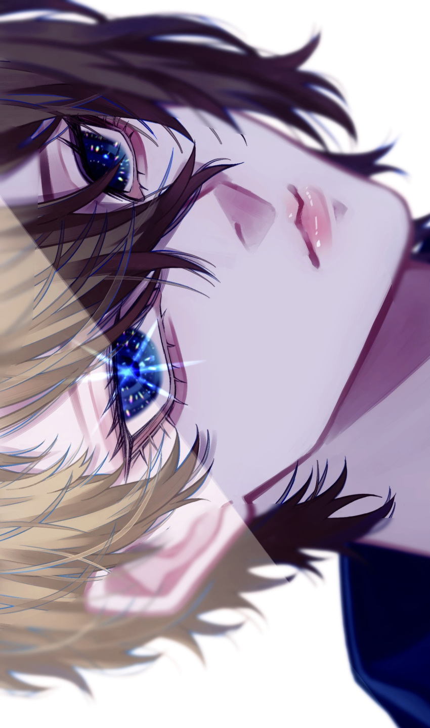 1boy blonde_hair blue_eyes commentary hair_between_eyes highres hoshino_aquamarine iwori_1412 lips looking_at_viewer male_focus mismatched_pupils oshi_no_ko portrait shade short_hair sideways simple_background solo star-shaped_pupils star_(symbol) symbol-shaped_pupils variant_set white_background