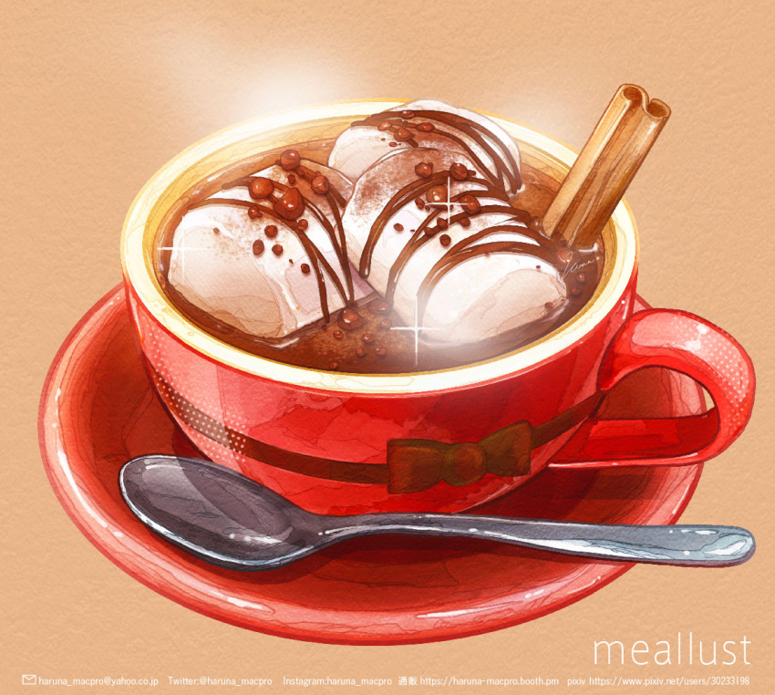 artist_name black_bow bow chocolate cinnamon_stick coffee cup english_text food food_focus haruna_macpro marshmallow no_humans original simple_background sparkle spoon