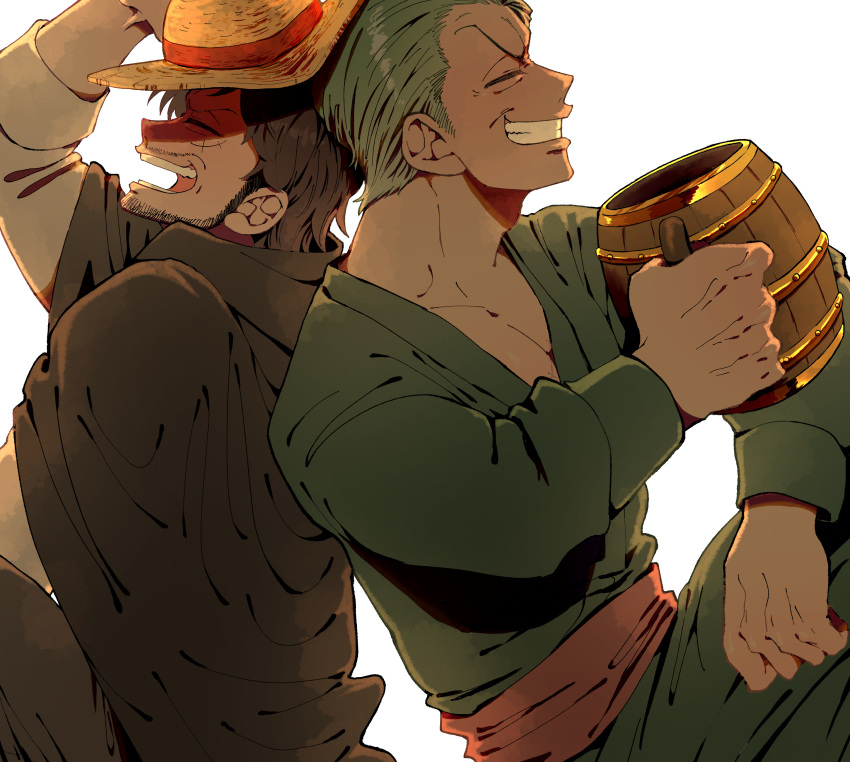 2boys absurdres aged_up back-to-back beer_mug black_cape black_hair cape closed_eyes cup facial_hair green_eyes hair_slicked_back hand_on_headwear hat highres holding monkey_d._luffy mug multiple_boys one_piece parupurin roronoa_zoro scar scar_on_cheek scar_on_face short_hair simple_background sitting smile straw_hat teeth white_background