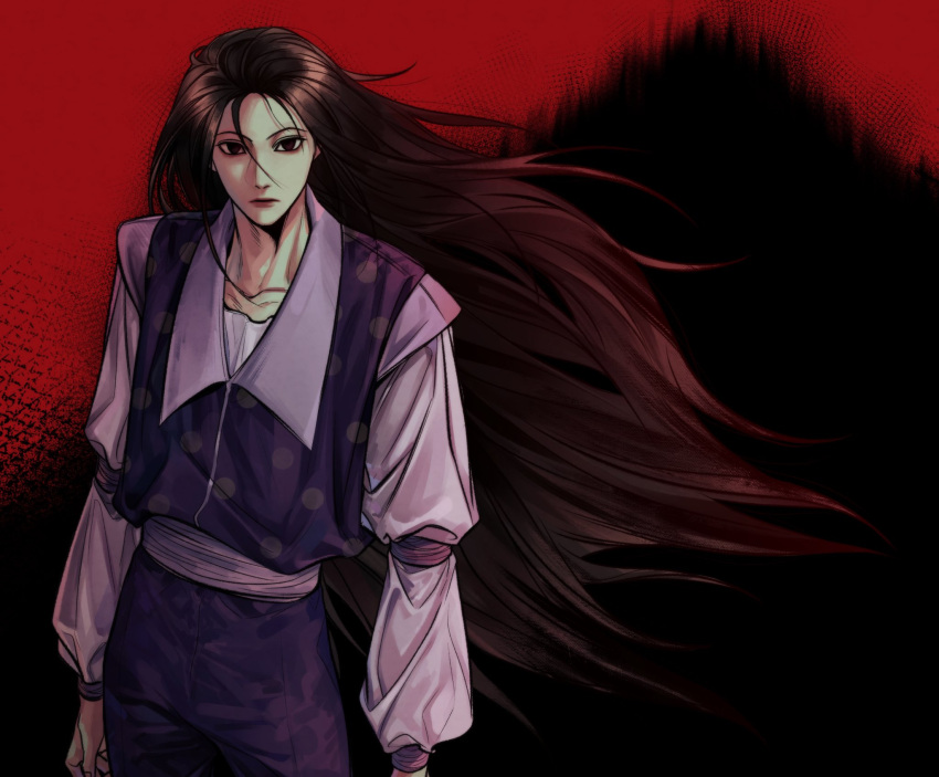 1boy black_background black_eyes black_hair collarbone cowboy_shot expressionless highres hunter_x_hunter illumi_zoldyck long_hair long_sleeves looking_at_viewer male_focus puffy_sleeves r2_mth red_background solo two-tone_background