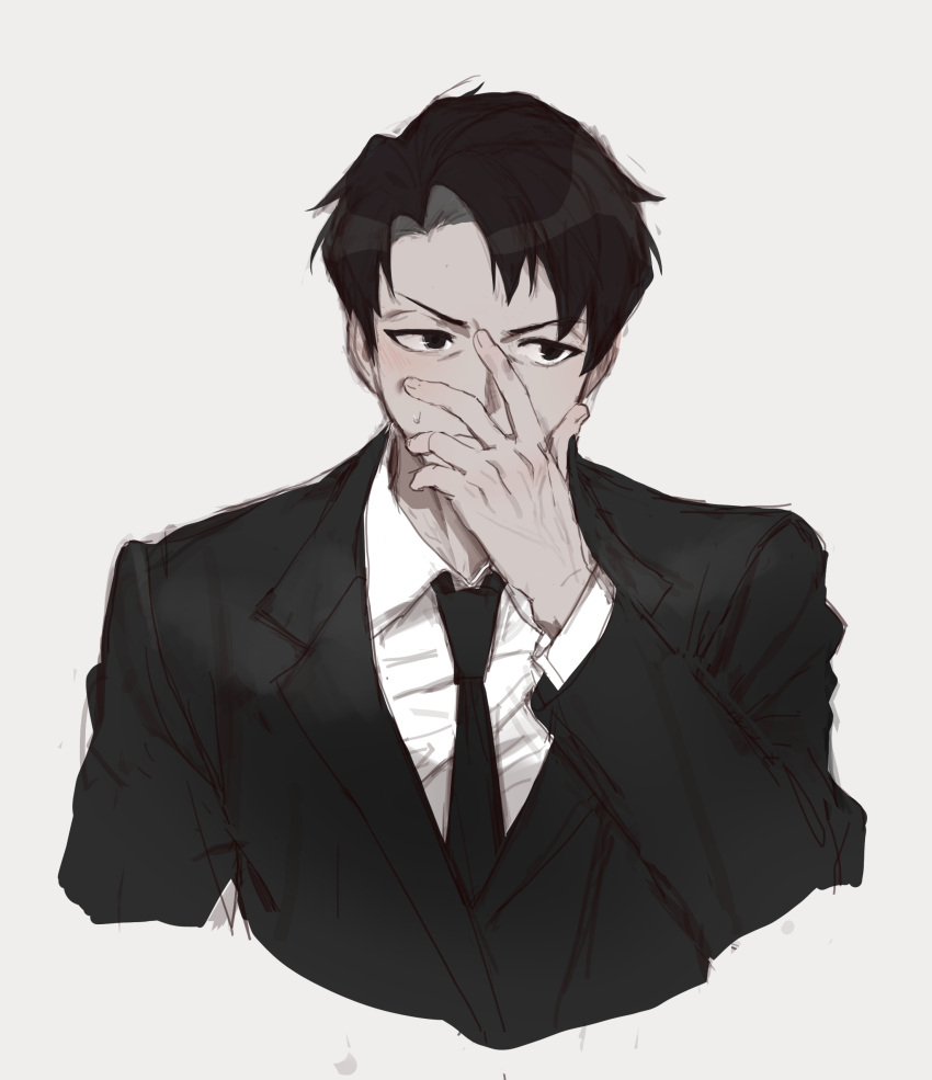 1boy absurdres black_eyes black_hair black_suit covering_face furrowed_brow highres library_of_ruina male_focus necktie project_moon shirt short_hair solo suit suit_jacket sweat white_shirt zzol_sos