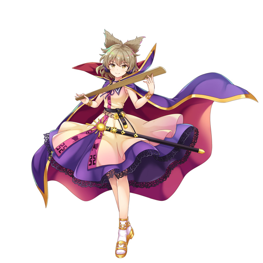 1girl belt brown_eyes cape closed_mouth dress full_body game_cg highres light_brown_hair looking_at_viewer pointy_hair purple_cape purple_skirt ritual_baton rotte_(1109) short_hair simple_background skirt socks solo sword third-party_source touhou touhou_lost_word toyosatomimi_no_miko weapon white_background white_dress white_socks yellow_footwear
