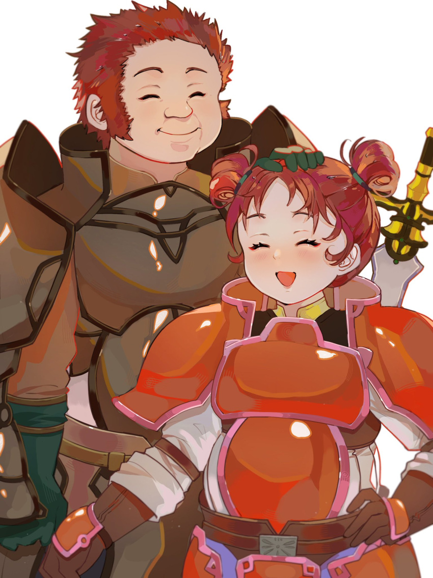 1boy 1girl armor brom_(fire_emblem) brown_hair closed_eyes double_bun father_and_daughter fire_emblem fire_emblem:_radiant_dawn hair_bun highres image_sample mariirasuto7 meg_(fire_emblem) open_mouth parted_bangs smile twitter_sample