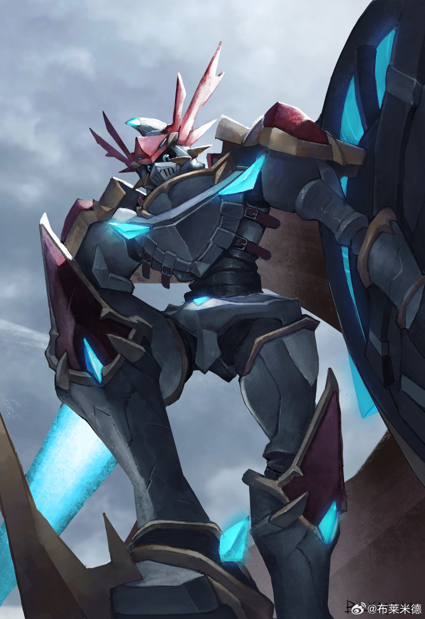 absurdres arm_shield armor blue_eyes bly_mead cape chinese_commentary commentary_request digimon digimon_(creature) digimon_tamers dukemon dukemon_x-antibody foot_out_of_frame foreshortening from_below full_armor highres knight lance looking_at_viewer no_humans outdoors overcast polearm red_cape shoulder_armor sky solo stepping weapon weibo_logo