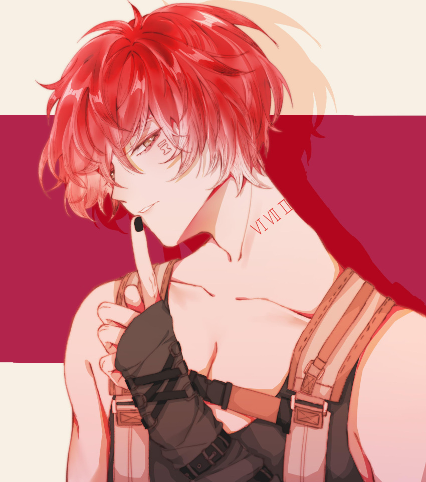 1boy absurdres baihua_er black_tank_top facial_mark finger_to_mouth hand_up highres index_finger_raised male_focus naruto naruto_(series) overalls red_background red_eyes redhead sasori_(naruto) short_hair shushing solo tank_top upper_body yellow_background