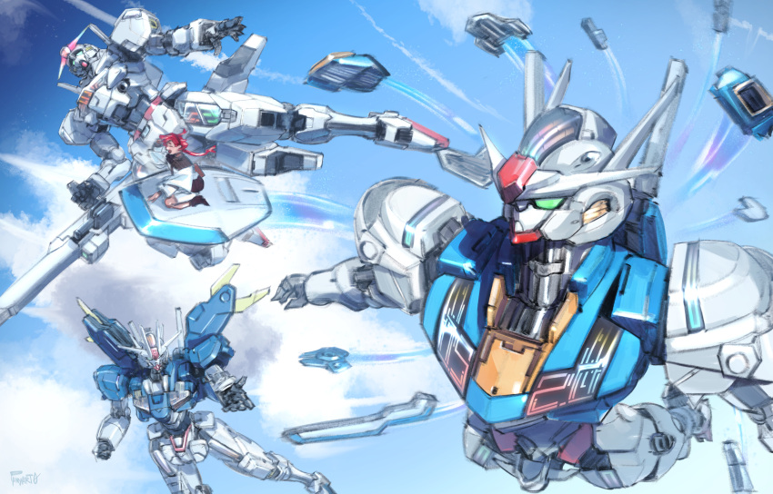 1girl absurdres artist_name asticassia_school_uniform beam_cannon bit_(gundam) black_footwear black_hairband blue_sky clenched_hand closed_eyes clouds commentary commission contrail english_commentary flying green_eyes gun gundam gundam_aerial gundam_aerial_rebuild gundam_calibarn gundam_suisei_no_majo hairband highres holding holding_gun holding_weapon jacket long_hair low_ponytail mecha mobile_suit open_hand open_mouth outstretched_arms panyart0 pixiv_commission redhead robot school_uniform science_fiction shorts sky suletta_mercury v-fin weapon white_jacket white_shorts