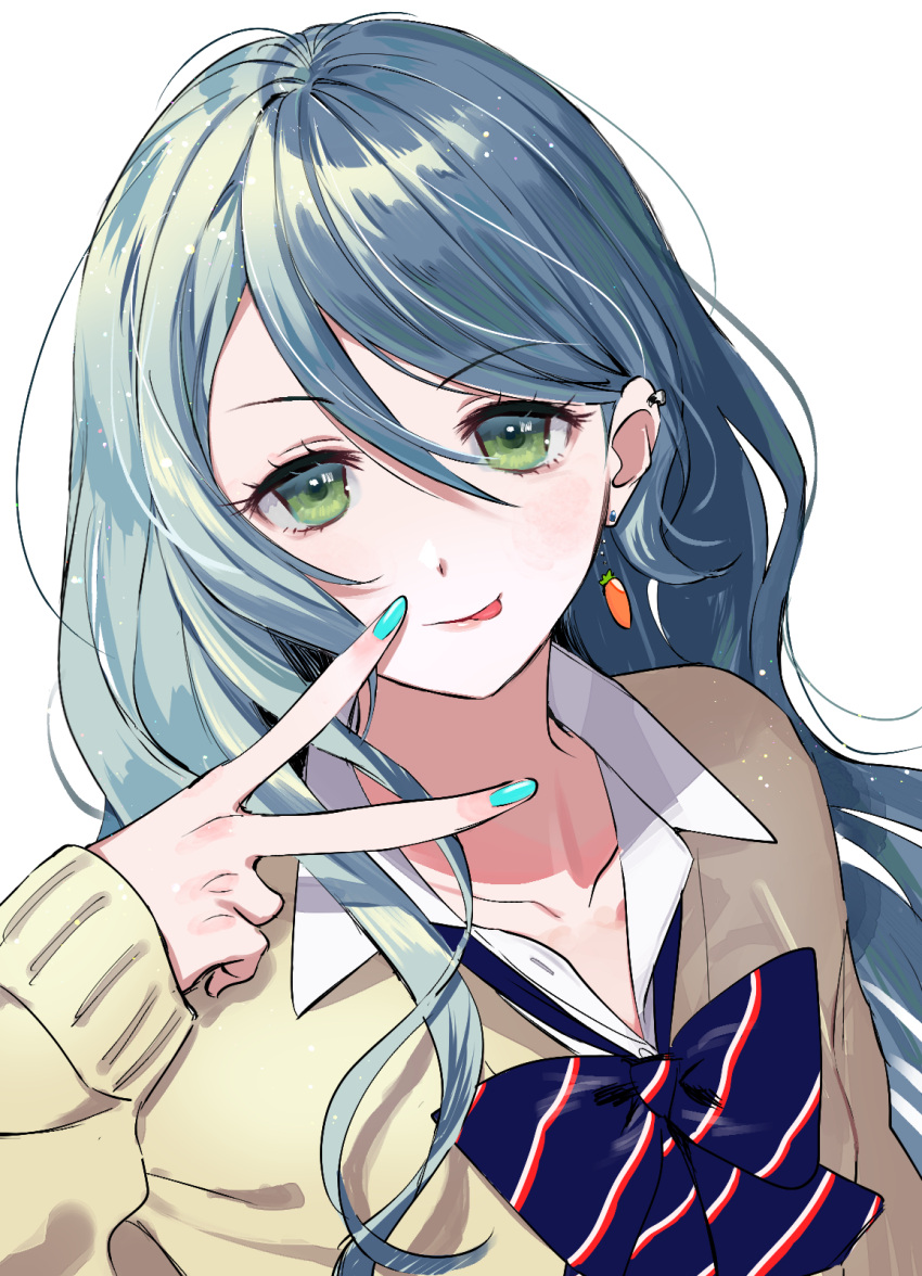 1girl aqua_hair bang_dream! blue_bow blue_bowtie blue_nails blush bow bowtie brown_sweater collarbone commentary diagonal-striped_bowtie dress_shirt earclip earrings green_hair gyaru hair_between_eyes highres hikawa_sayo jewelry light_particles long_hair long_sleeves looking_at_viewer nail_polish parted_bangs shirt sidelocks simple_background smile solo sweater tongue tongue_out v white_background white_shirt zihacheol