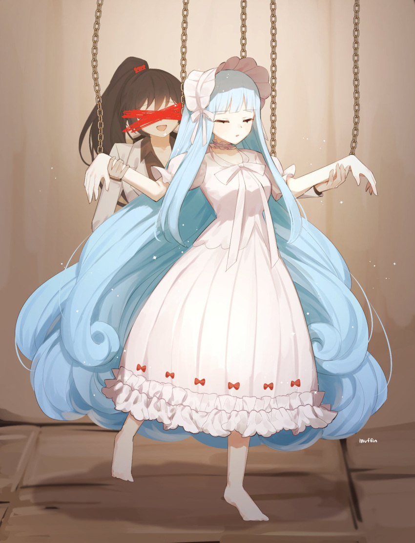 2girls angela_(project_moon) barefoot bear_hair_ornament blue_hair bonnet brown_hair carmen_(project_moon) censored chain choker closed_eyes coat collared_shirt dress e.g.o_(project_moon) frilled_dress frills hair_ornament highres holding_another's_arm identity_censor library_of_ruina long_hair long_sleeves love_mintchoco multiple_girls parted_lips pinocchio_(library_of_ruina) project_moon puffy_short_sleeves puffy_sleeves shirt short_sleeves sidelocks very_long_hair white_choker white_coat white_dress