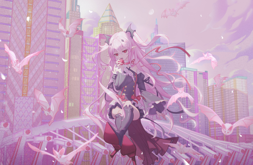 1girl absurdres bat_(animal) bat_hair_ornament black_dress black_ribbon building buttons clouds detached_sleeves dress fang food frills fruit hair_ornament high_heels highres holding holding_food holding_fruit krul_tepes long_hair looking_at_viewer moon owari_no_seraph pink_hair pointy_ears red_eyes red_ribbon ribbon rolling-ruffles sitting sleeveless sleeveless_dress solo two_side_up vampire