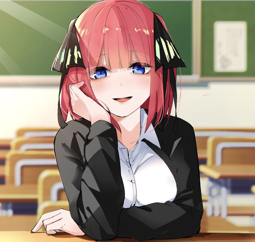 1girl :d arm_support black_jacket black_ribbon blue_eyes blunt_bangs blurry blurry_background blush breasts butterfly_hair_ornament classroom commentary day desk dress_shirt eyelashes go-toubun_no_hanayome hair_ornament hair_ribbon hand_on_own_cheek hand_on_own_face hand_up heart highres indoors jacket large_breasts light_rays looking_at_viewer mame1645 medium_hair nakano_nino open_clothes open_jacket open_mouth pink_hair ribbon round_teeth school_desk shirt sidelighting sitting smile solo spoken_heart straight-on teeth two_side_up upper_teeth_only white_shirt